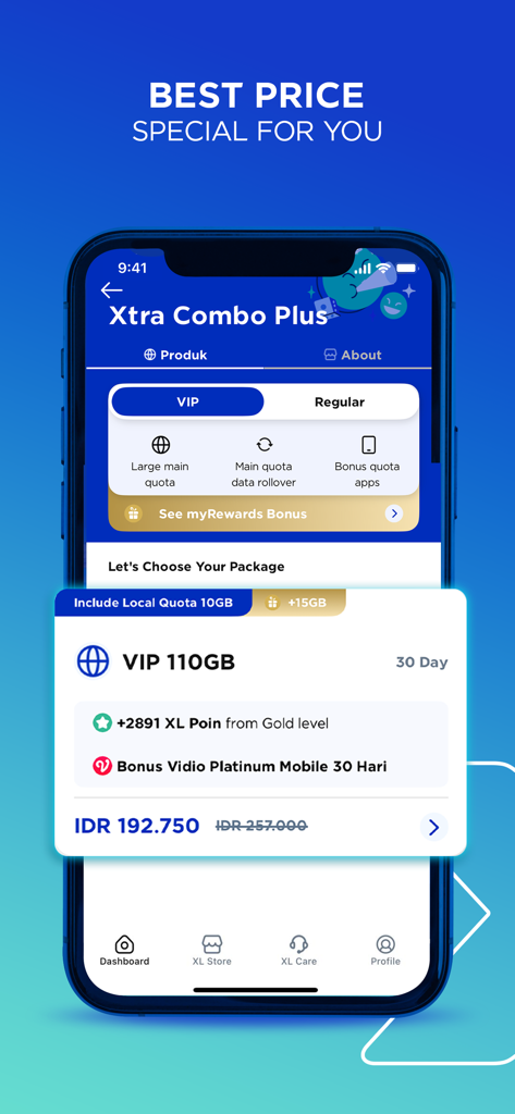 myXL–Cek Kuota & Beli Paket XL - myXL app interface showing the Xtra Combo Plus VIP 110GB data package deal