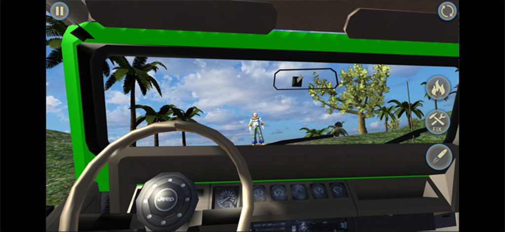 Scary Horror Clown Games - First person view from inside a jeep looking at a scary clown standing in an open field