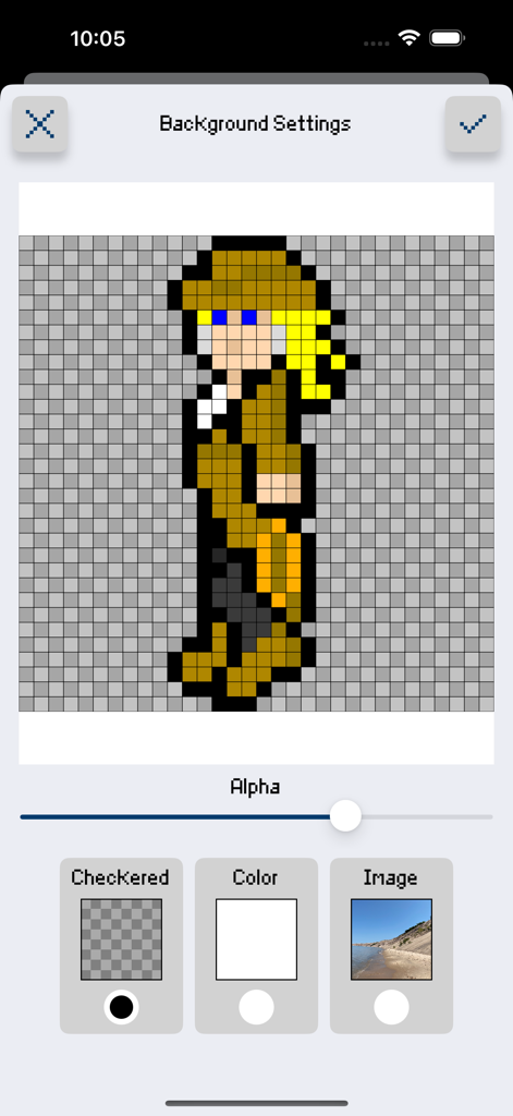 Background settings interface in Sprite Creator showing alpha slider and background options for a pixel art character