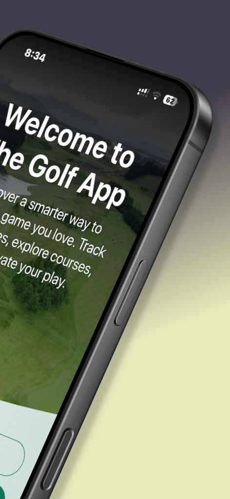 The Golf App | All-in-one - Welcome screen of The Golf App on a mobile device showing a golf course background