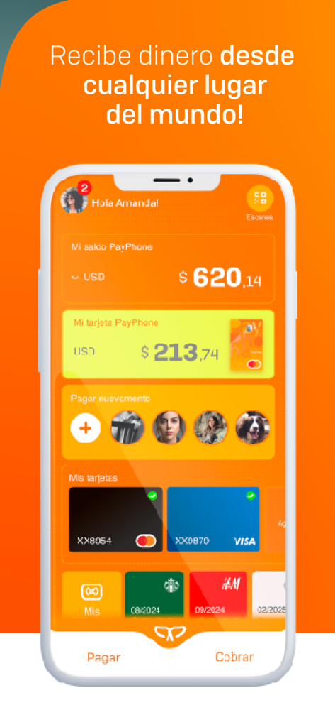 Payphoneアプリのダッシュボード。アカウント残高とクレジットカードが表示されている。