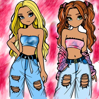 2 girls in crop tops and baggy jeans ripped