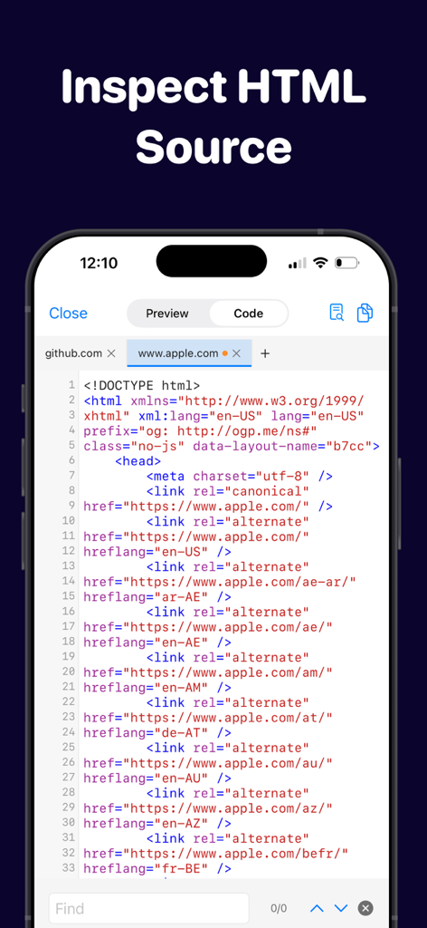 Html editor: html viewer - Interface do aplicativo móvel exibindo o código-fonte HTML bruto de um site com números de linha
