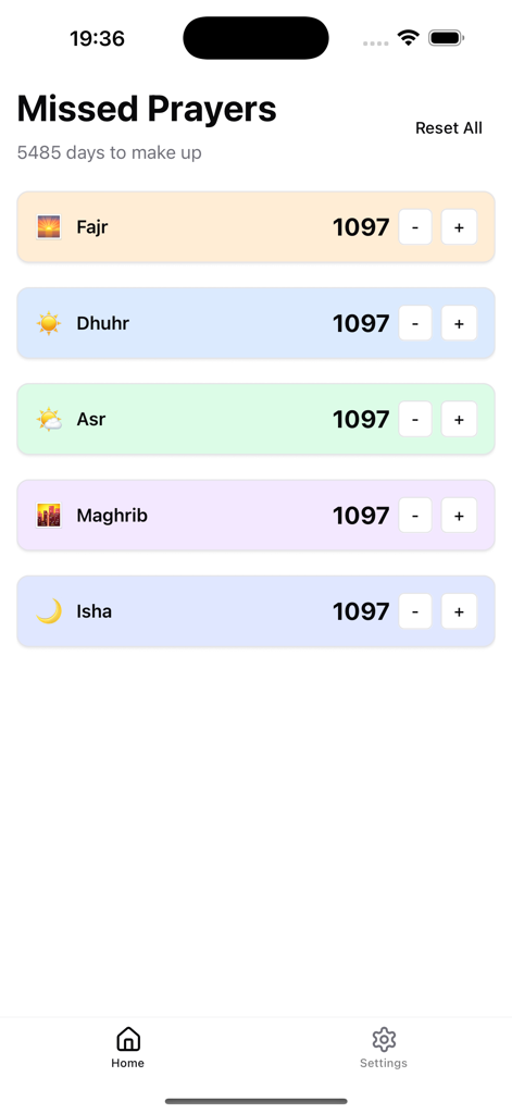Qadaa Prayer Calculator - Qadaa 앱에서 Fajr Dhuhr Asr Maghrib 및 Isha에 대한 놓친 이슬람 기도 목록과 횟수를 보여주는 화면