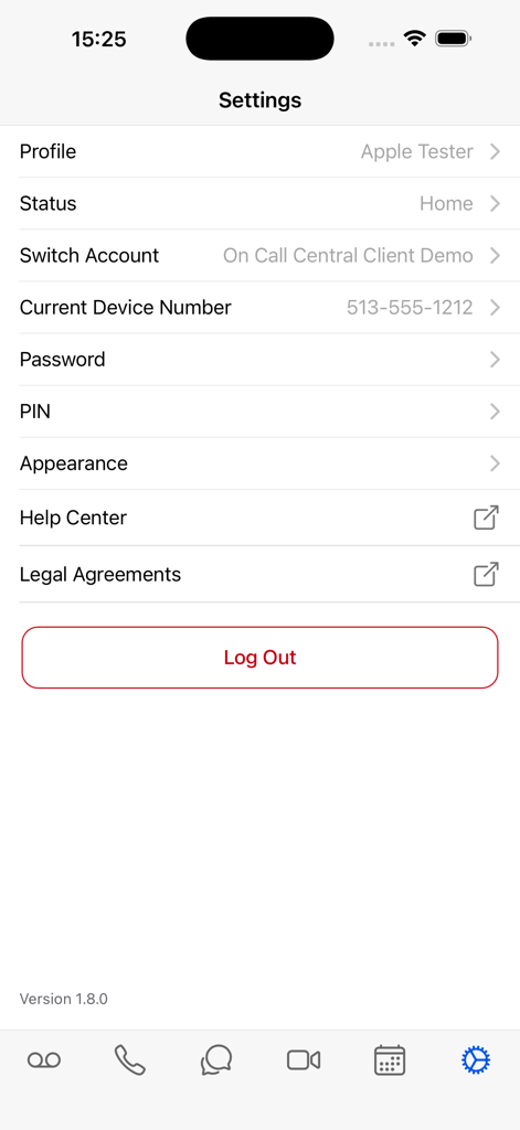On Call Central app settings screen with profile and security options