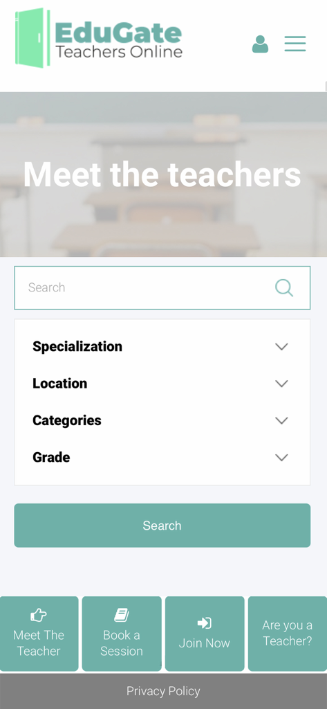 Edugate - Edugate app search screen for finding private tutors online with filters for specialization and grade