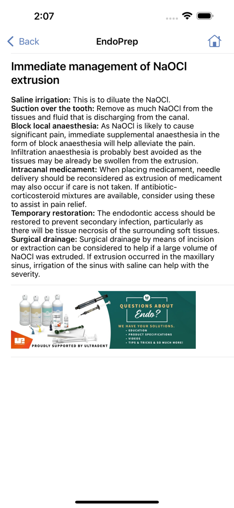 EndoPrep - A clinical guide within the EndoPrep app explaining the immediate management steps for NaOCl extrusion during dental procedures
