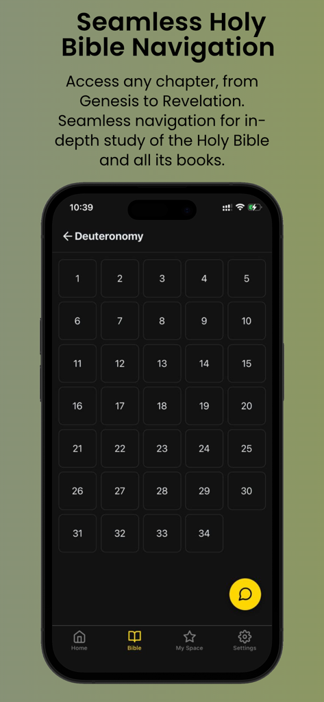 Interfaz de la aplicación móvil que muestra una cuadrícula de capítulos numerados para Deuteronomio en la aplicación BibleAI