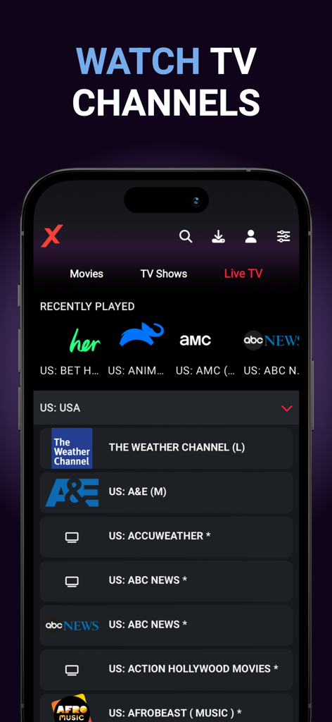 A smartphone showing the live TV interface of Tivix IPTV Player with a list of US channels like The Weather Channel and ABC News.