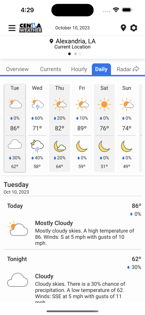 Daily weather forecast for Alexandria Louisiana showing high and low temperatures and sky conditions on the CenLa Weather app