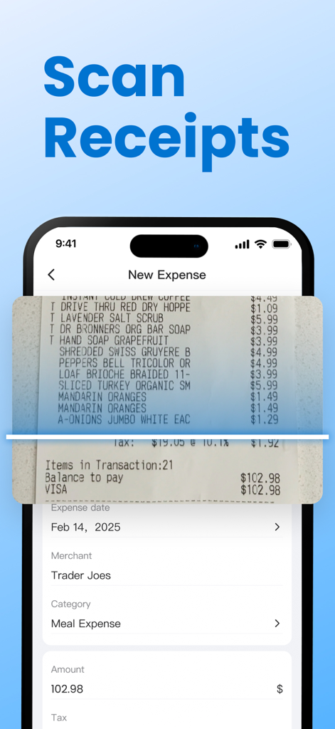 Pantalla de la aplicación móvil que muestra la función inteligente de escaneo de recibos para el seguimiento de gastos empresariales