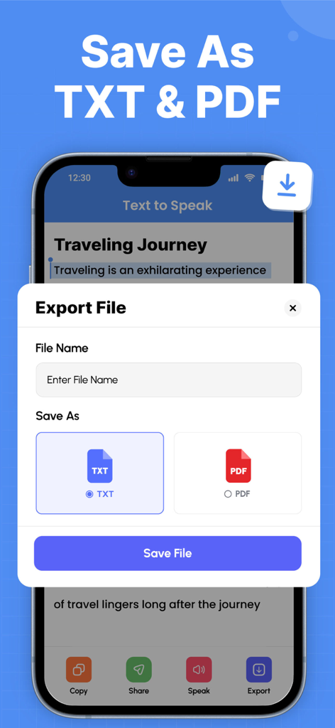 Picture To Text: Image To Text - Interfaz que muestra opciones para guardar y exportar texto escaneado como archivos TXT o PDF.