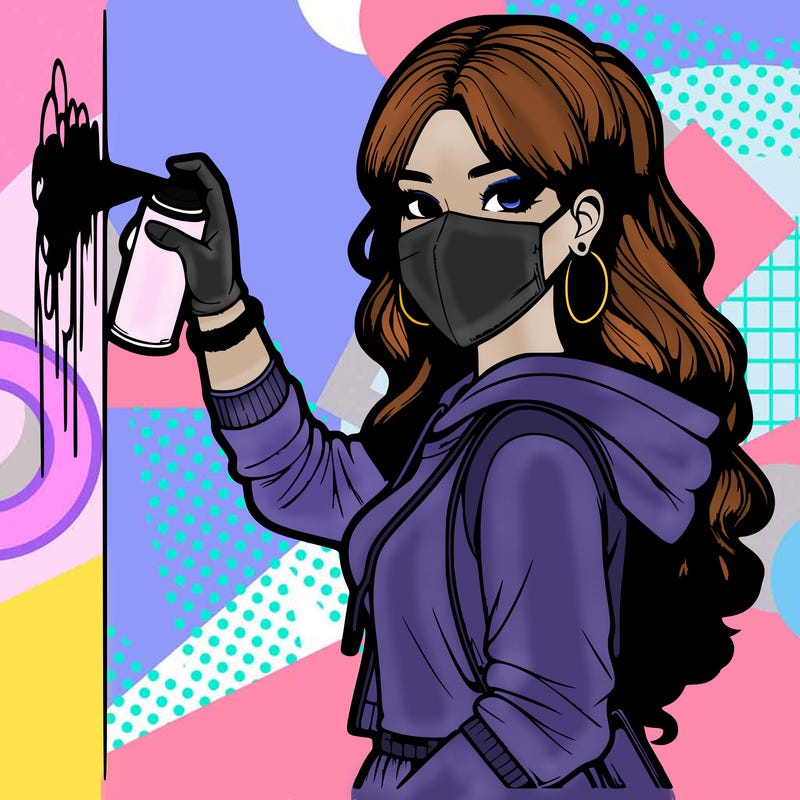 realistic girl with mask spray painting a wall