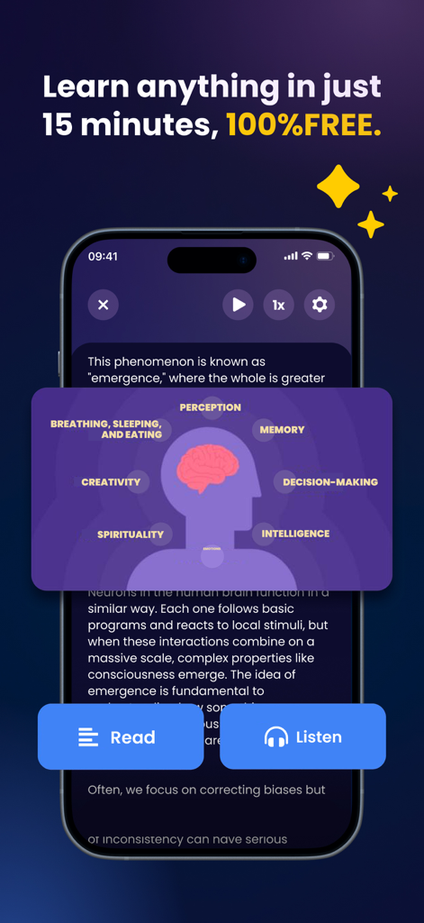 Bookster: Books in 15 Minutes - Bookster mobile app screen showing a book summary with options to read and listen