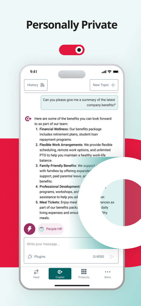 Access Evo - Access Evo app screen showing a private AI Copilot chat about company benefits
