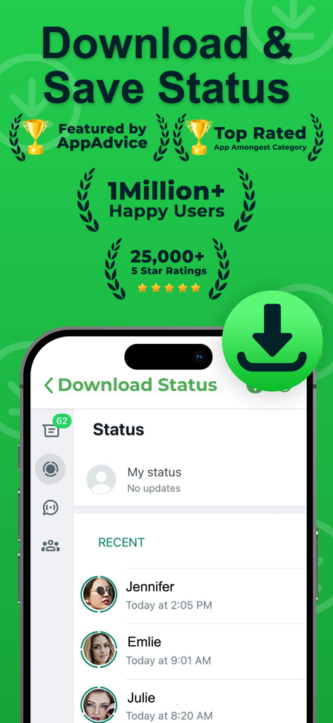 Status Saver app interface showing a list of downloadable social media statuses with social proof badges like top rated and one million happy users