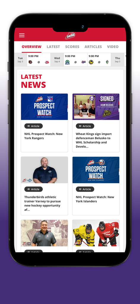 Smartphone screen displaying the latest news and prospect watch articles on the CHL official app
