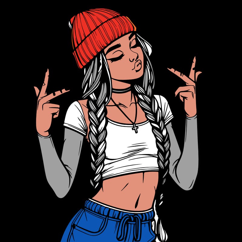 realistic teenage girl with braids and a beanie and crop top doing 🫶🏼