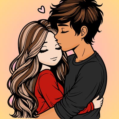 a realistic couple boy and girl hugging and kissing