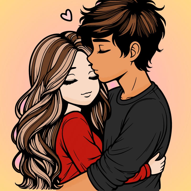 a realistic couple boy and girl hugging and kissing