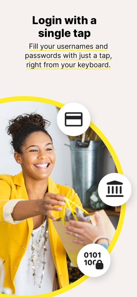 One-tap login feature for Norton Password Manager showing a woman shopping.