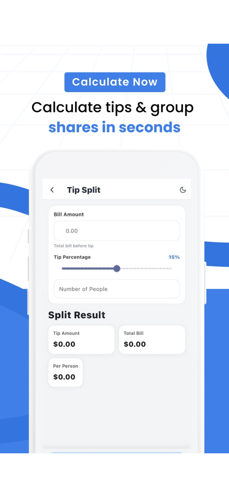 Budget and Financial Planner - A tip split calculator interface showing bill amount and tip percentage inputs.