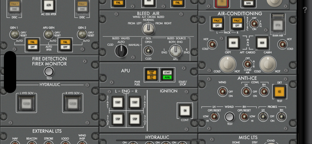 Close up view of the CRJ-700 aircraft overhead panel controls and switches.