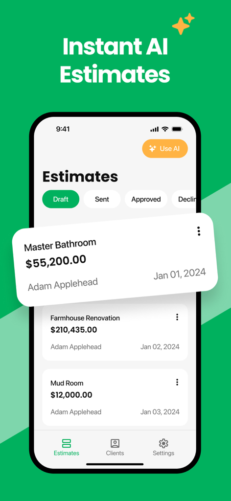 Handoff Construction Estimator - Handoff app interface showing a list of AI-generated construction estimates for remodeling projects.