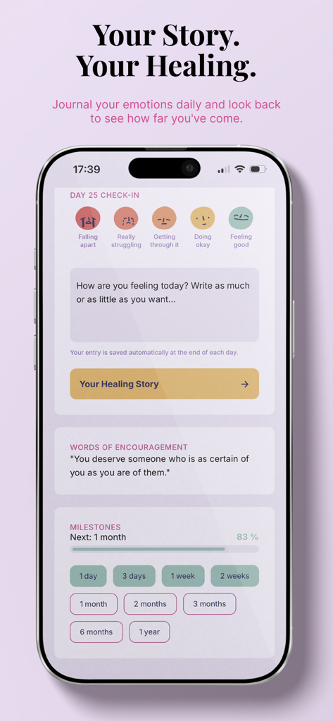 Una pantalla de aplicación móvil para el diario de recuperación de rupturas con iconos de estado de ánimo y hitos de sanación.