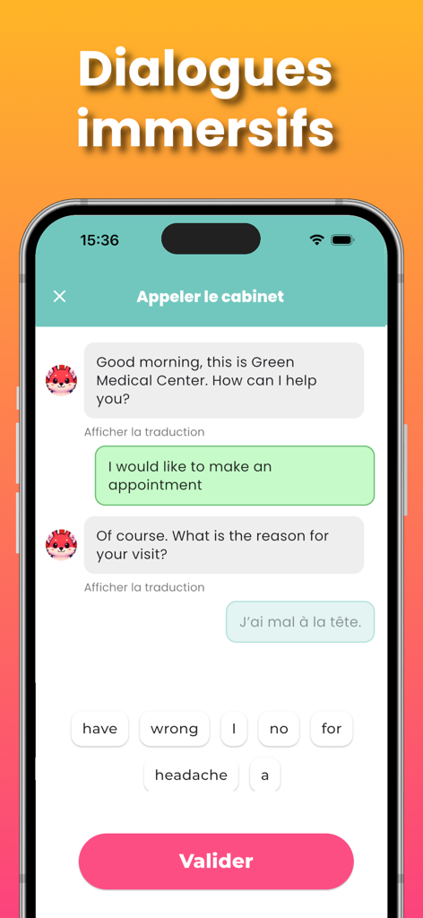 Goopy : Apprendre l'anglais - Interfaz de aplicación móvil de Goopy que muestra una simulación de diálogo inmersivo en inglés para una cita médica