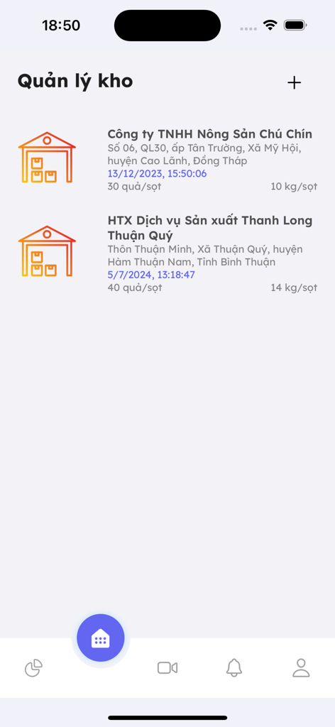 FruitAI - FruitAI app screen showing a list of managed fruit storage facilities with inventory data