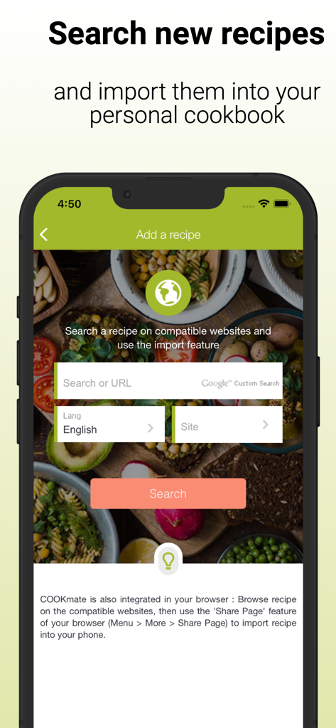 Interfaz de la aplicación Cookmate mostrando cómo buscar e importar nuevas recetas a un libro de cocina digital personal