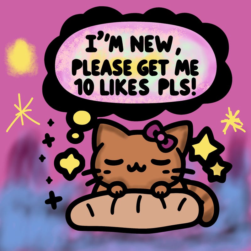 kitty taking a nap dream talking and saying "i'm new, please get me at least 10 likes pls!!"