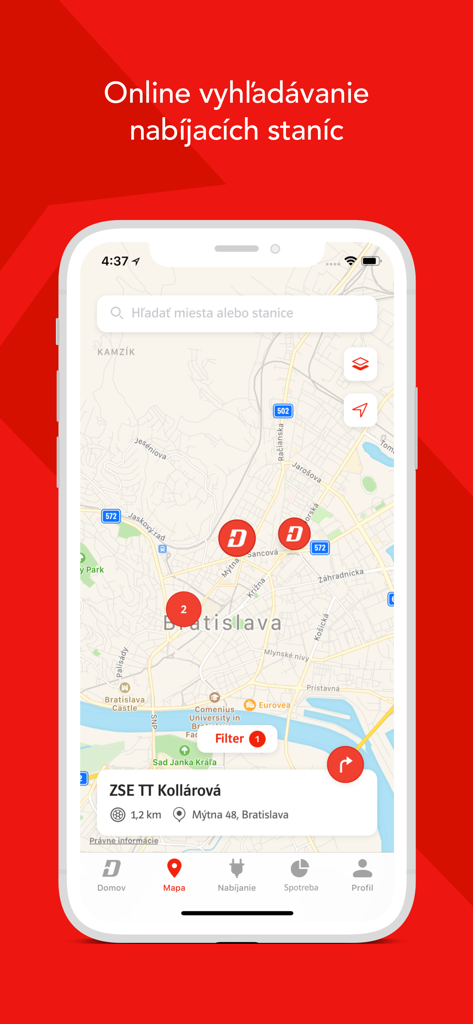 ZSE Drive mobile app showing a map with EV charging stations in Bratislava Slovakia