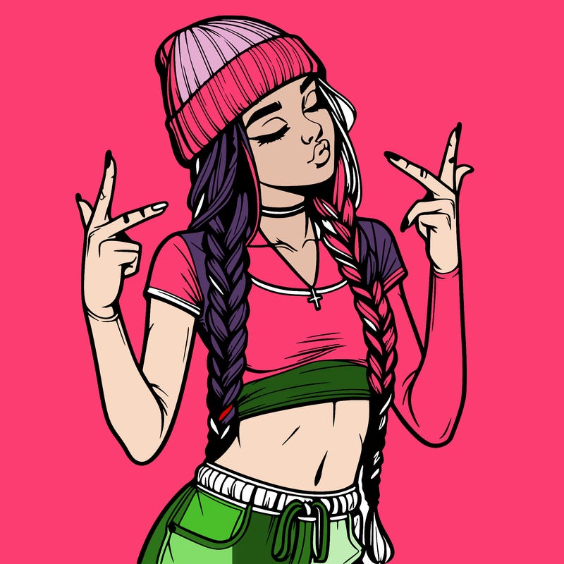 realistic teenage girl with braids and a beanie and crop top doing 🫶🏼