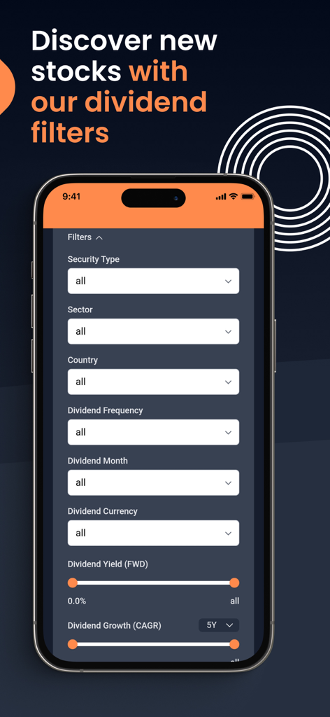 DivvyDiary - DivvyDiary app screen showing advanced stock filters for dividend yield and growth