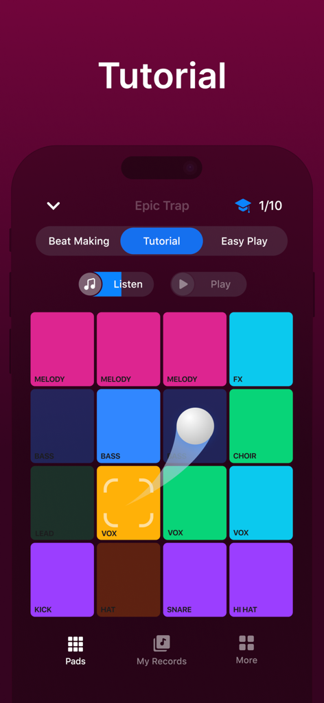 Go Beat • Music & Sound Maker - Pantalla de tutorial de la aplicación Go Beat que muestra una cuadrícula de pads de batería coloridos para crear música trap épica