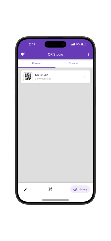 History screen of the QR Studio Pro app displaying a list of created QR codes