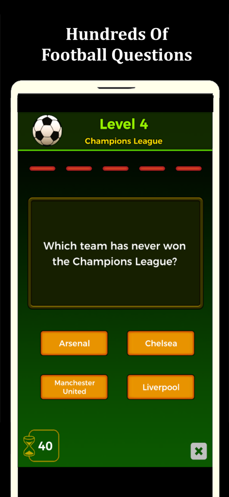 Football Quiz - Trivia 2026 - A mobile screen showing a soccer trivia question about the Champions League