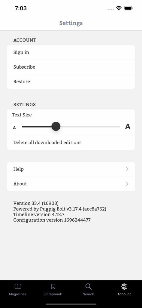 House & Garden - The settings and account management screen of the House and Garden mobile app.