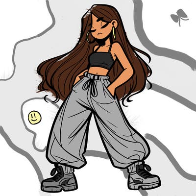 girl in baggy pants crop top and long hair