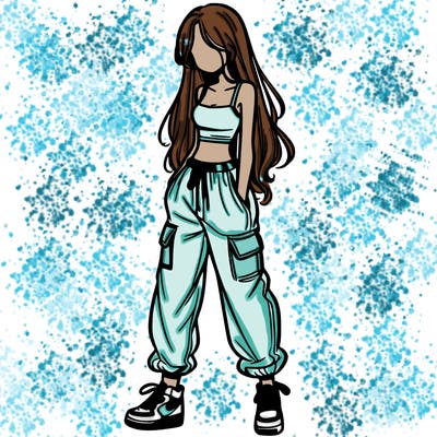 girl in baggy pants crop top and long hair