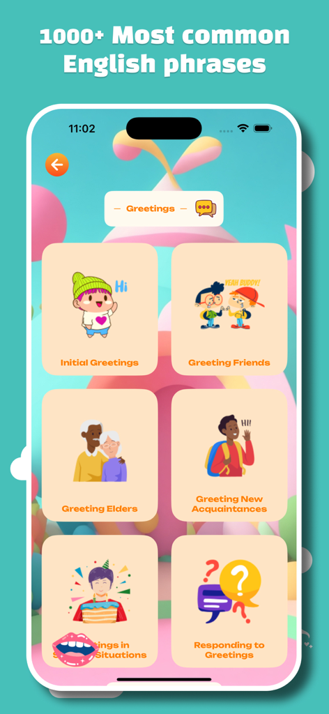 King English Kids - King English Kids app screen showing various English greeting categories for children with colorful cartoon illustrations