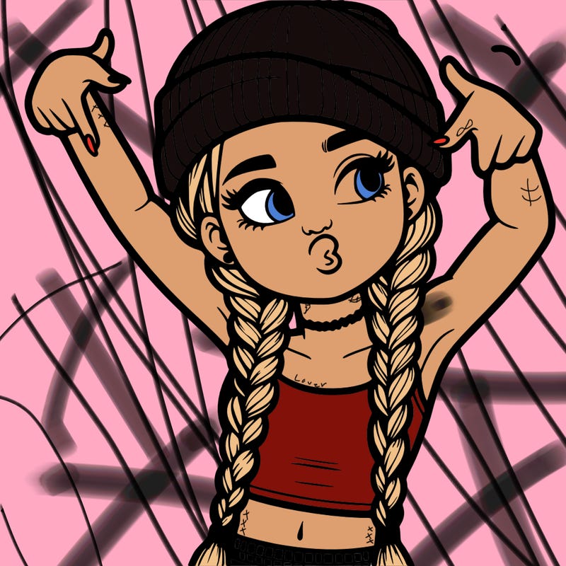 realistic teenage girl with braids and a beanie and crop top doing 🫶🏼