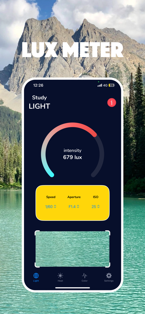 LUX Meter - Photo Light Meter - Interface de l'application LUX Meter affichant une mesure d'intensité lumineuse de 679 lux et des réglages d'exposition de l'appareil photo incluant la vitesse, l'ouverture et la sensibilité ISO.