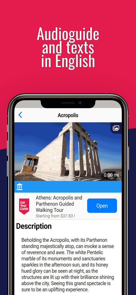 ATHENS Guide Tickets & Hotels - 아크로폴리스 설명과 영어 오디오 가이드를 보여주는 아테네 가이드 앱 화면