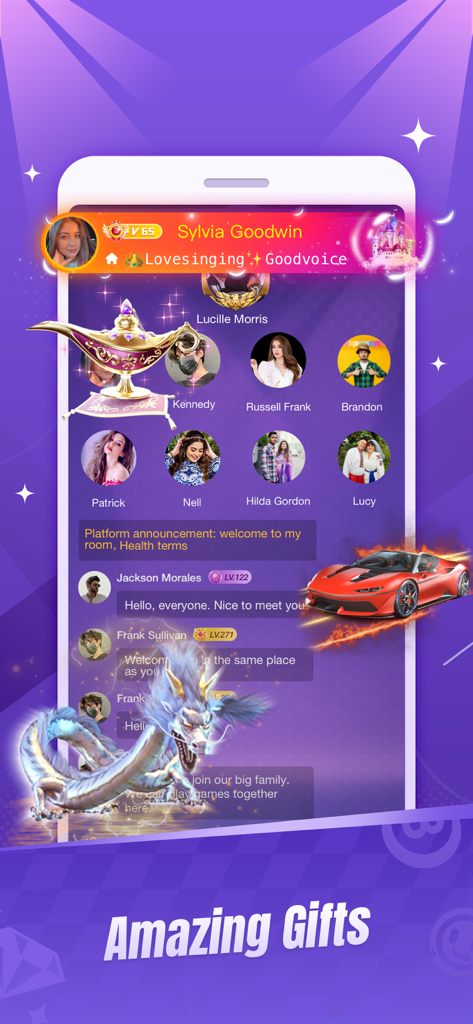 Party Star app screenshot showing a group voice chat room with large virtual gifts including a sports car and a dragon