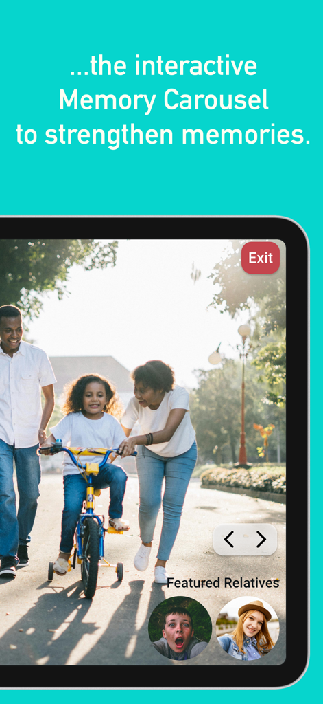 Recollect - Dementia Care - Die interaktive Memory Carousel-Funktion in der Recollect-App mit Familienfoto und Profilen von Verwandten