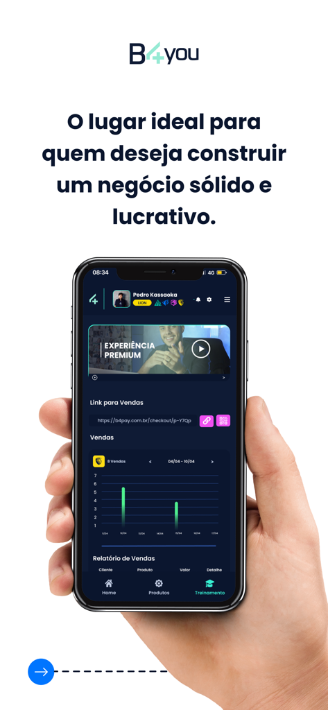 B4You - Una mano sosteniendo un smartphone mostrando el panel de control de la aplicación B4You con análisis de ventas y herramientas de gestión de negocios digitales.