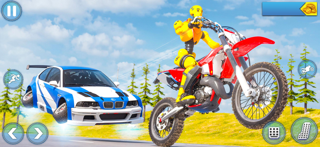 Moto Bike Ragdoll Fall Crash - 빨간색 더트 바이크를 탄 노란색 래그돌 더미와 맑은 날 들판에서 충돌하는 파란색 자동차